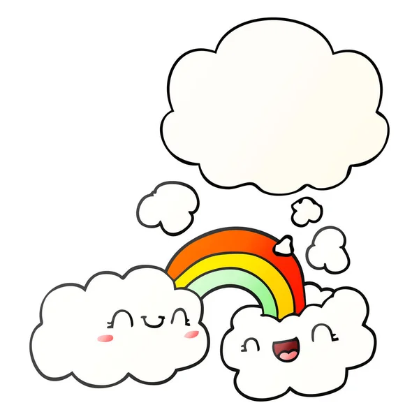 Happy cartoon clouds and rainbow and thought bubble in smooth gr — Stock Vector