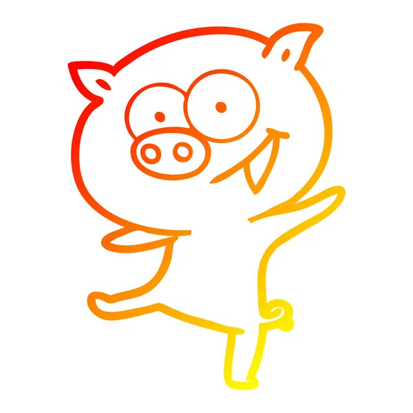 Garis gradien hangat menggambar kartun babi menari ceria - Stok Vektor