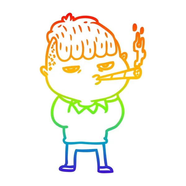 Linea gradiente arcobaleno disegno cartone animato uomo fumare — Vettoriale Stock