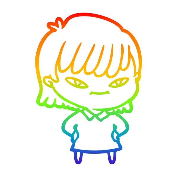 Rainbow gradient line drawing cartoon woman — Stock Vector