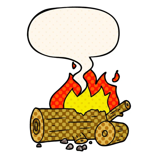 Fuego de campamento de dibujos animados y burbuja de habla en estilo de cómic — Vector de stock