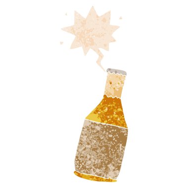 retro dokulu tarzda karikatür bira şişesi ve konuşma balonu