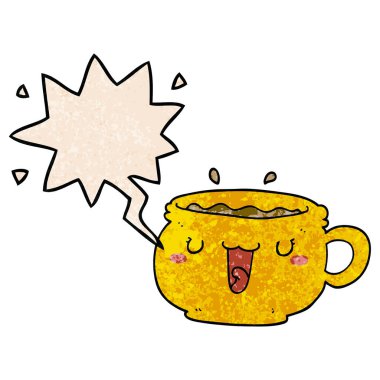 retro doku tarzında sevimli karikatür kahve fincanı ve konuşma balonu