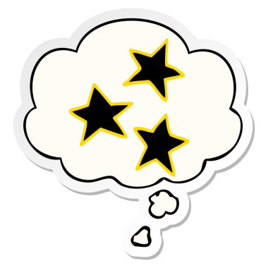 karikatür yıldız ve baskılı bir etiket olarak kabarcık düşünce