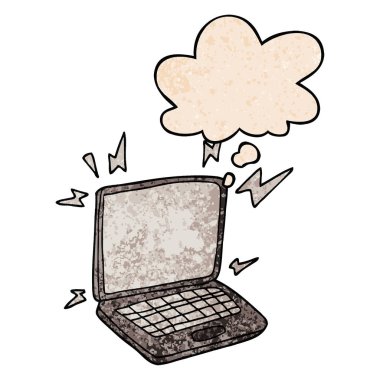 karikatür dizüstü bilgisayar ve grunge doku pat düşünce balonu