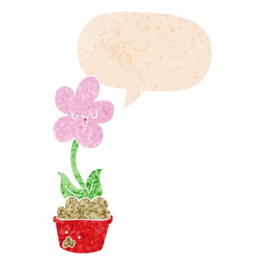 retro dokulu tarzısevimli karikatür çiçek ve konuşma balonu