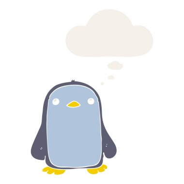 sevimli karikatür penguen ve retro tarzında düşünce balonu