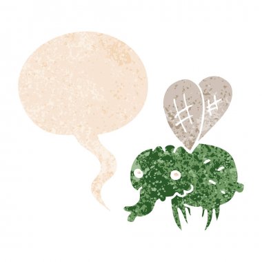 retro dokulu tarzda karikatür sinek ve konuşma balonu