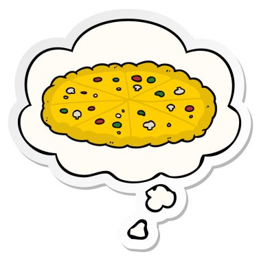 karikatür pizza ve baskılı bir etiket olarak kabarcık düşünce