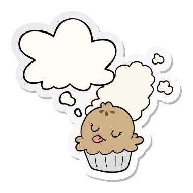 sevimli karikatür pasta ve baskılı bir etiket olarak kabarcık düşünce