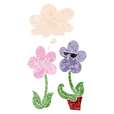 retro dokulu tarzında sevimli karikatür çiçek ve düşünce balonu