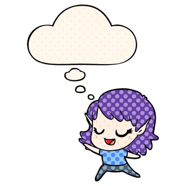 karton mutlu elf kız dans ve çizgi roman s kabarcık düşünce