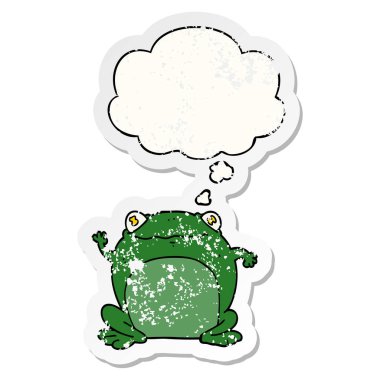 karikatür kurbağa ve sıkıntılı yıpranmış etiket olarak kabarcık düşünce