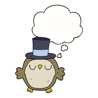 çizgi film baykuş üst şapka ve düşünce balonu giyen