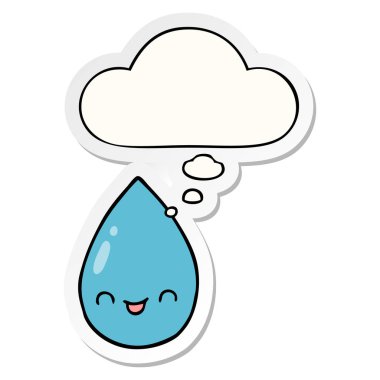 karikatür sevimli yağmur damlası ve baskılı bir etiket olarak kabarcık düşünce