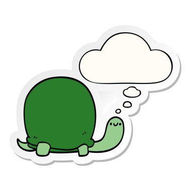 sevimli karikatür kaplumbağa ve baskılı bir etiket olarak kabarcık düşünce