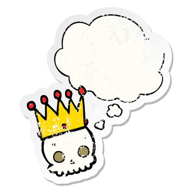 sıkıntılı yıpranmış olarak taç ve düşünce balonu ile karikatür kafatası