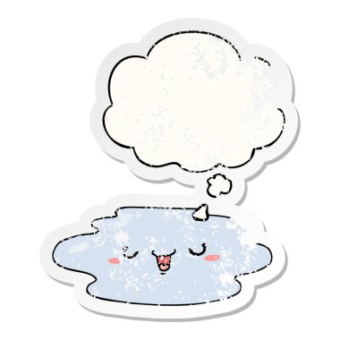 sıkıntılı yıpranmış olarak yüz ve düşünce balonu ile karikatür su birikintisi