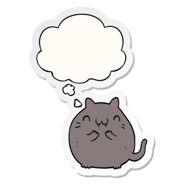 mutlu karikatür kedi ve basılı bir etiket olarak kabarcık düşünce