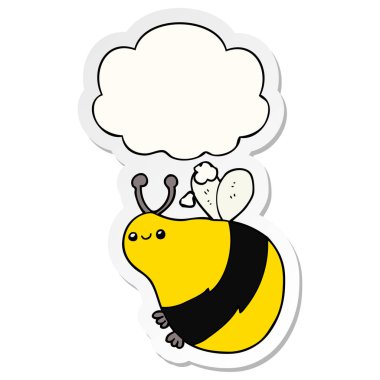 karikatür arı ve baskılı bir etiket olarak kabarcık düşünce