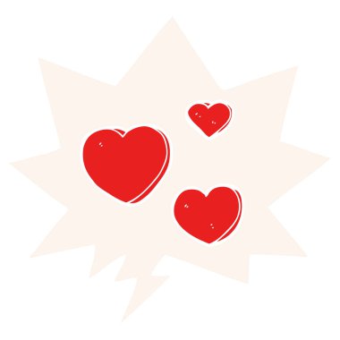 retro tarzı karikatür aşk kalpleri ve konuşma balonu