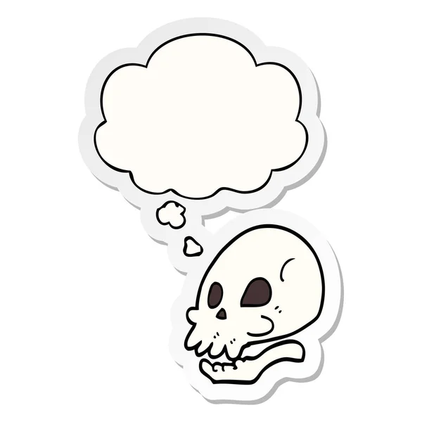 Calavera de dibujos animados y burbuja de pensamiento como una pegatina impresa — Vector de stock