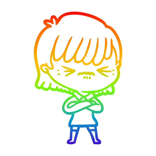 Rainbow gradient line drawing annoyed cartoon girl — Stock Vector