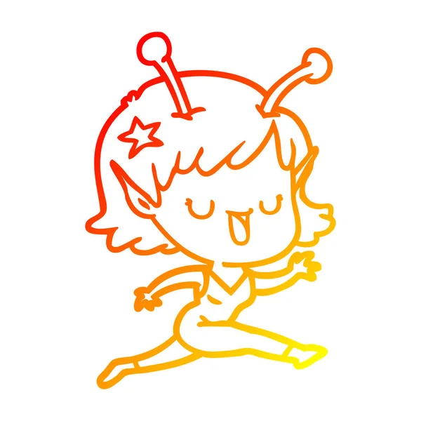 Línea de gradiente caliente dibujo feliz chica alienígena caricatura riendo — Vector de stock