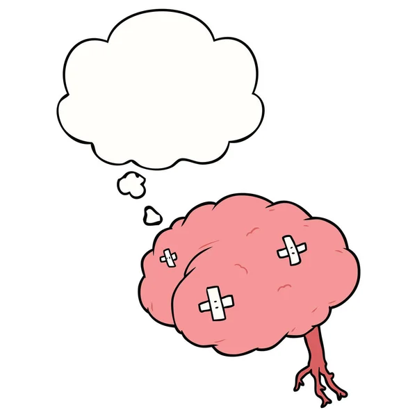 Dibujos animados cerebro lesionado y burbuja de pensamiento — Vector de stock