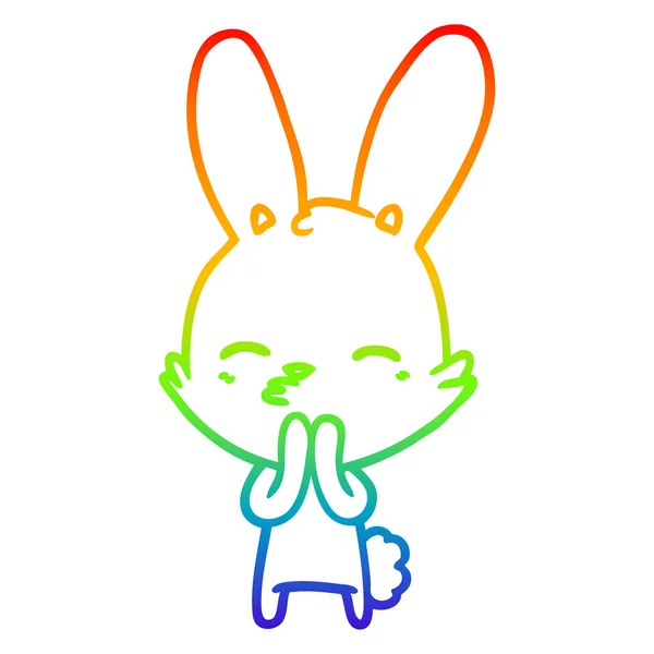 Rainbow gradient line drawing curious bunny cartoon — Stock Vector