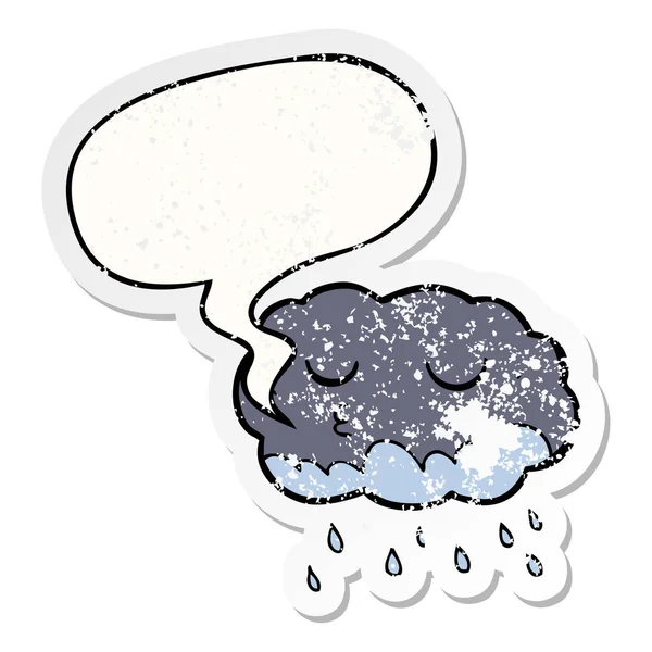 Cartoon rain cloud and speech bubble distressed sticker — Stock Vector