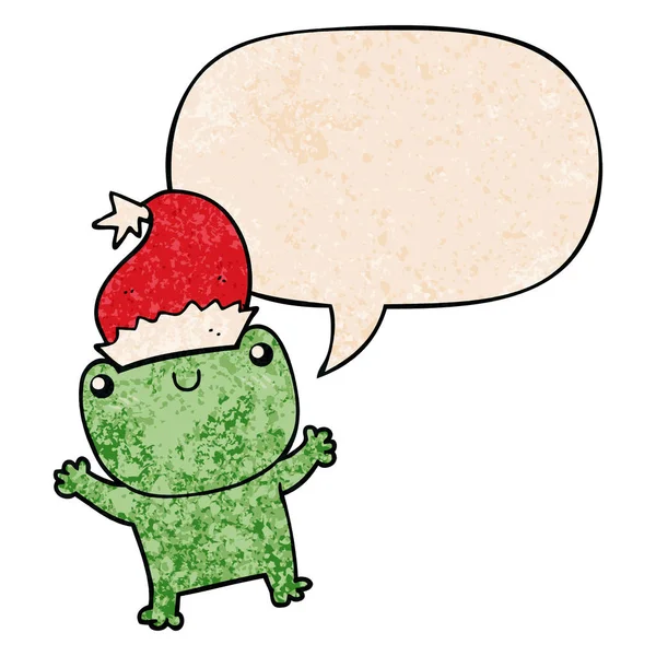 Linda rana de dibujos animados con sombrero de Navidad y burbuja de habla en ret — Archivo Imágenes Vectoriales