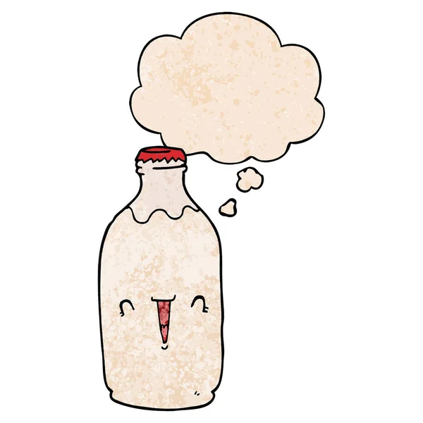 Bonito cartoon garrafa de leite e bolha pensamento em grunge textura pa — Vetor de Stock