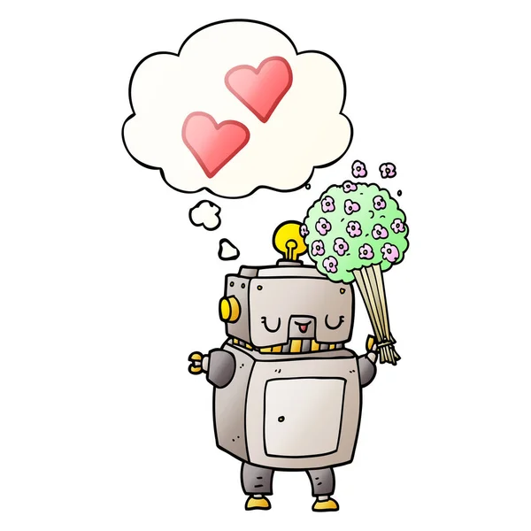 Robot de dibujos animados en el amor y el pensamiento burbuja en estilo gradiente suave — Vector de stock