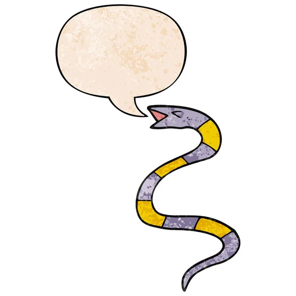 Hissing cartoon snake and speech bubble in retro texture style — Stock Vector