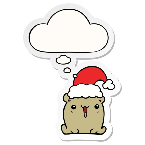 Cute cartoon bear with christmas hat and thought bubble as a pri — Stock Vector
