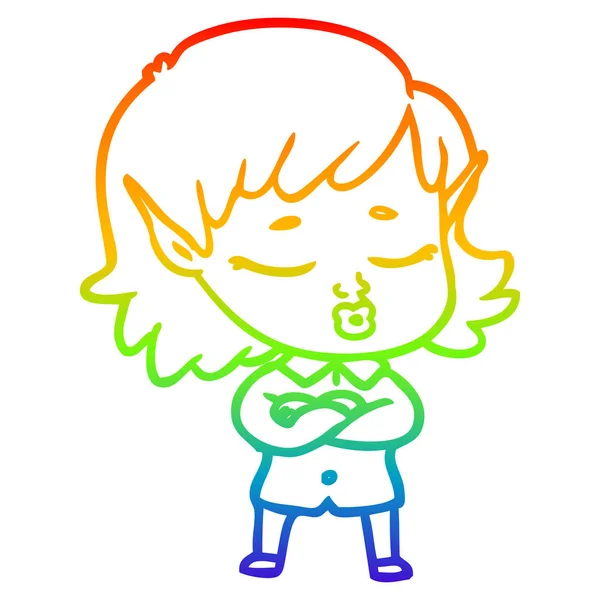 Rainbow gradient ligne dessin jolie dessin animé elfe fille — Image vectorielle