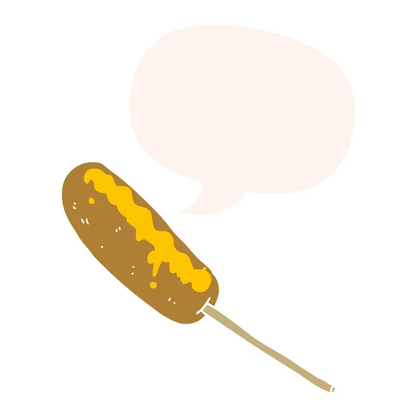 Hotdog desenhos animados em uma vara e bolha de fala em estilo retro — Vetor de Stock