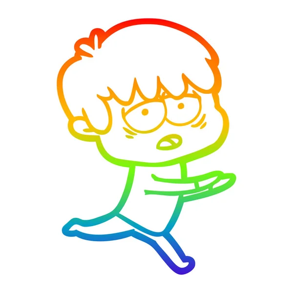 Regenbogen-Gradienten-Linie Zeichnung Karikatur erschöpften Jungen — Stockvektor