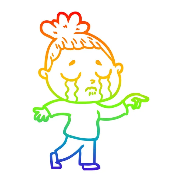 Regenboog gradiënt lijntekening cartoon huilen vrouw wijzen — Stockvector