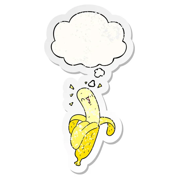 Мультяшный банан и мыслепузырь как наклейка — стоковый вектор