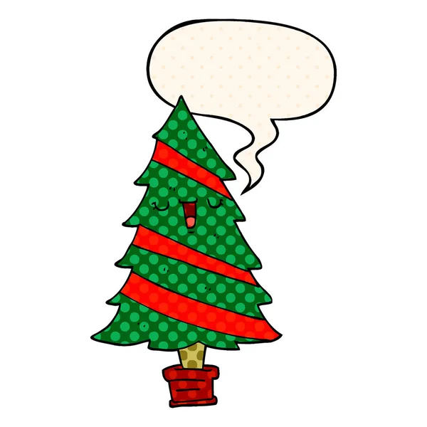 Cartoon christmas tree and speech bubble in comic book style — Stock Vector