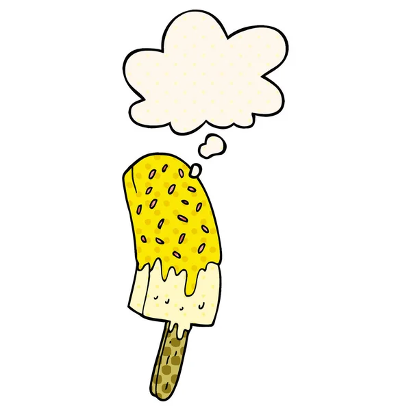 Crème glacée de dessin animé lolly et bulle de pensée dans le style de bande dessinée — Image vectorielle