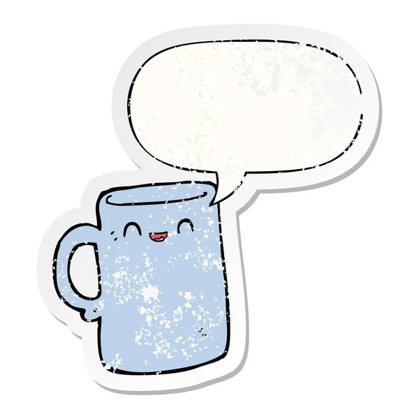 Cartoon mug and speech bubble distressed sticker — Stock Vector