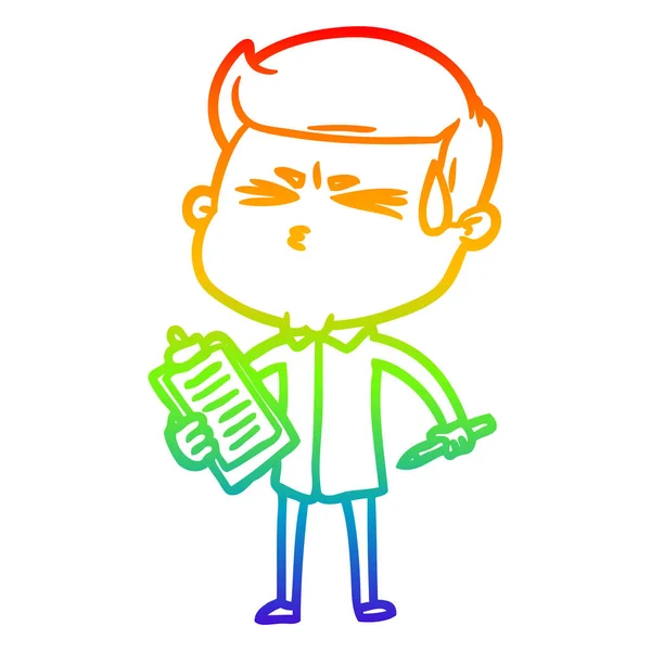 Rainbow gradient line drawing cartoon man sweating — Stock Vector