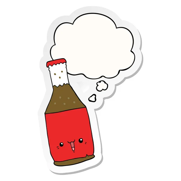 Botella de cerveza de dibujos animados y burbuja de pensamiento como una pegatina impresa — Vector de stock