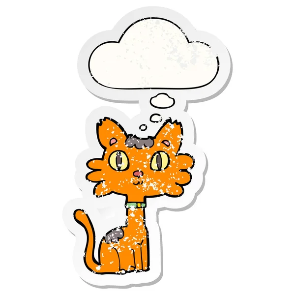Cartoon cat and thought bubble as a distressed worn sticker — Stock Vector