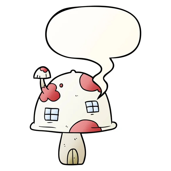 Casa de hongos de hadas de dibujos animados y burbuja del habla en gradien suave — Vector de stock