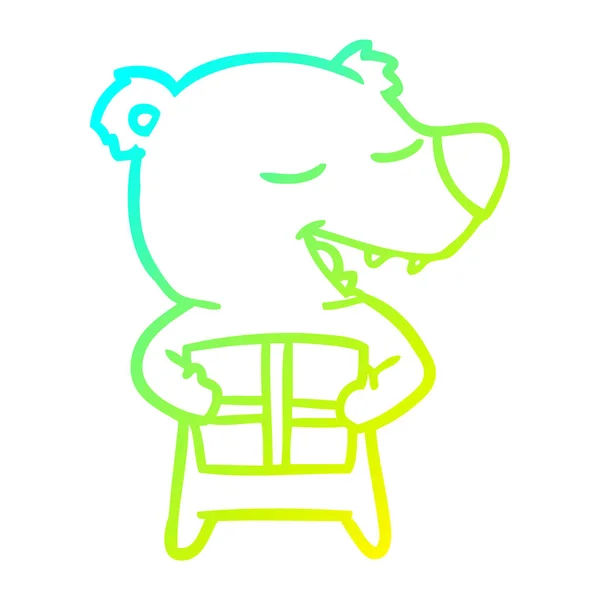 Línea de gradiente frío dibujo de dibujos animados oso polar con presente — Vector de stock