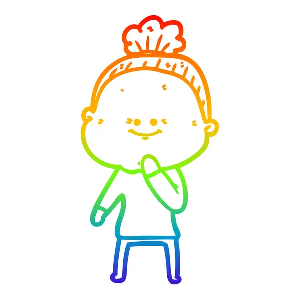 Rainbow gradient line drawing cartoon happy old woman — Stock Vector